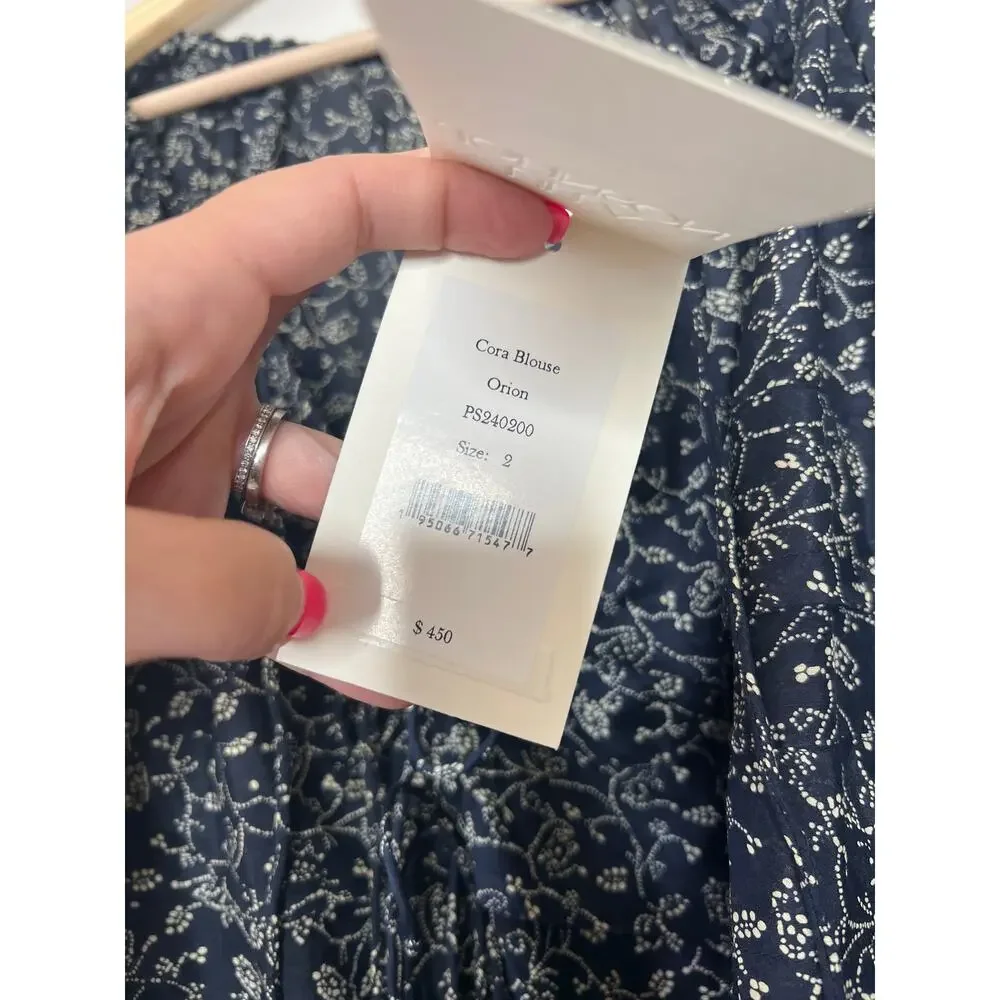 NWT Ulla Johnson Cora Puff-Sleeve Tie Layered Boat Neck Blouse Navy Blue Size: 2